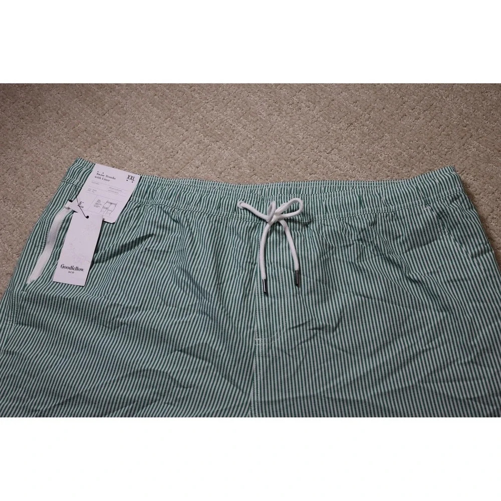 Goodfellow & Co Mens Green White Striped Swim Trunks 5 Inch Inseam XXL NWT